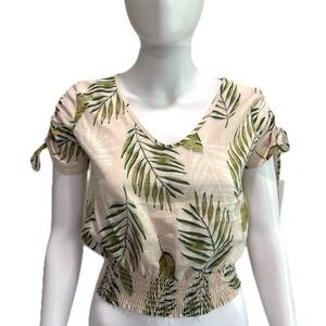 Lazy Sundays Linen Tropical Leaf Print Cropped Top Size Small Ruched Sleeve